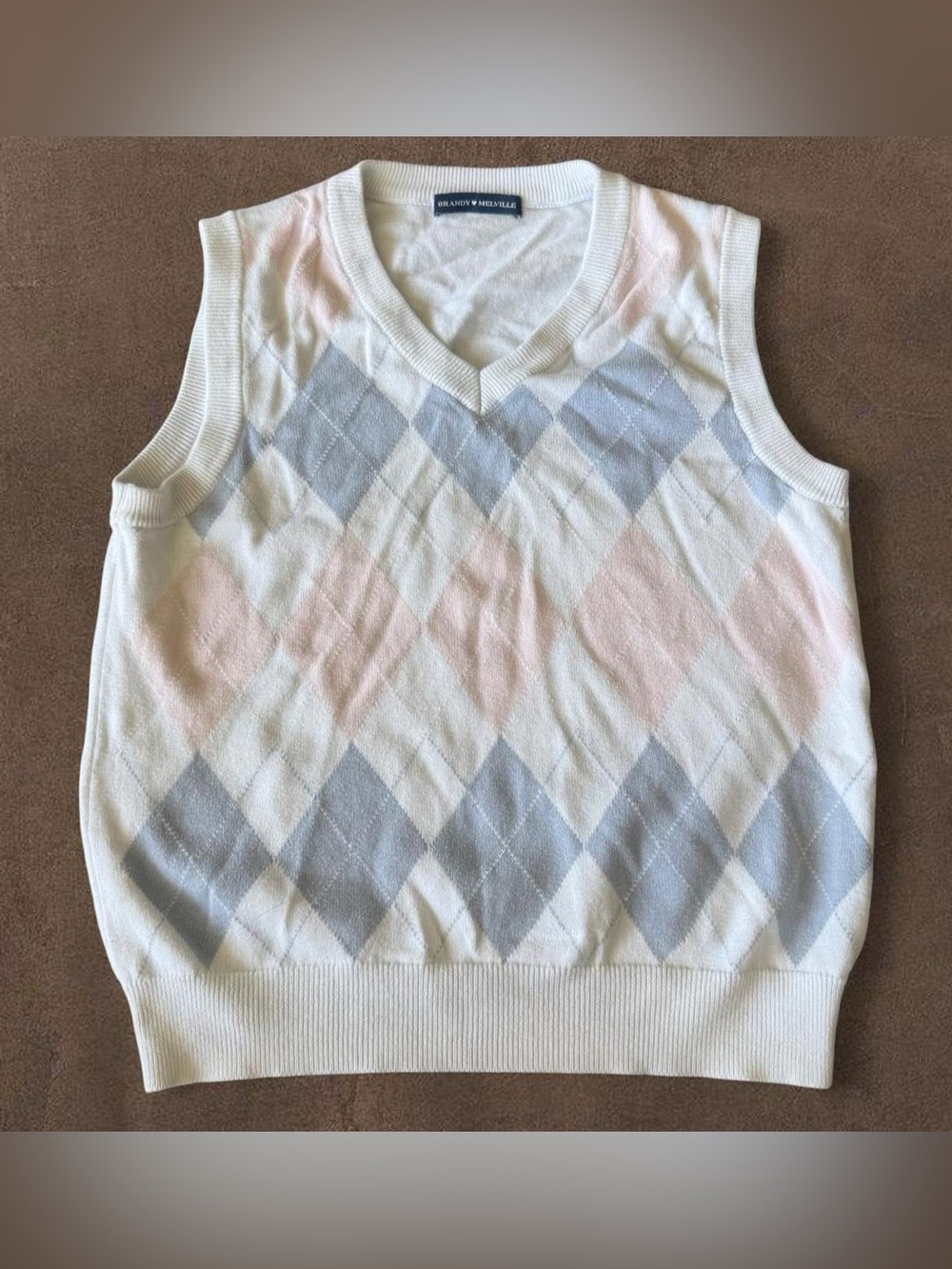 Brandy Melville White Argyle Sweater Vest with Pastel Blue & Pink